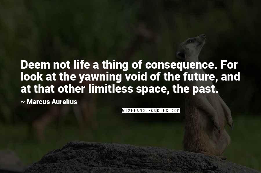 Marcus Aurelius Quotes: Deem not life a thing of consequence. For look at the yawning void of the future, and at that other limitless space, the past.