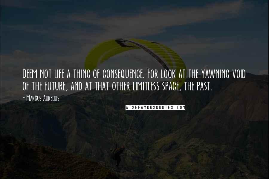 Marcus Aurelius Quotes: Deem not life a thing of consequence. For look at the yawning void of the future, and at that other limitless space, the past.