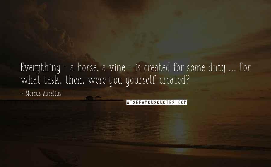 Marcus Aurelius Quotes: Everything - a horse, a vine - is created for some duty ... For what task, then, were you yourself created?