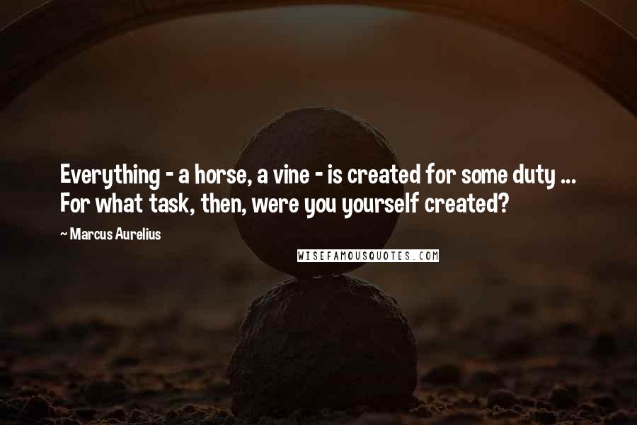 Marcus Aurelius Quotes: Everything - a horse, a vine - is created for some duty ... For what task, then, were you yourself created?