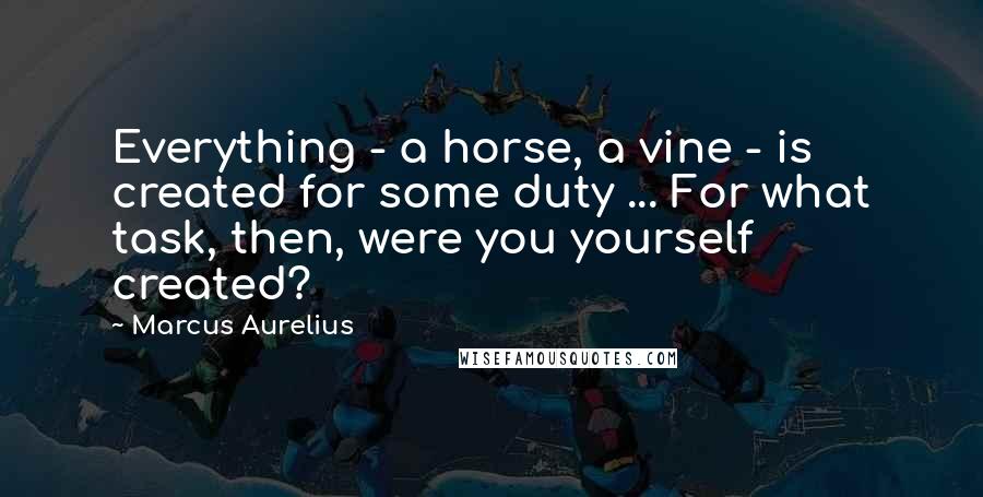 Marcus Aurelius Quotes: Everything - a horse, a vine - is created for some duty ... For what task, then, were you yourself created?