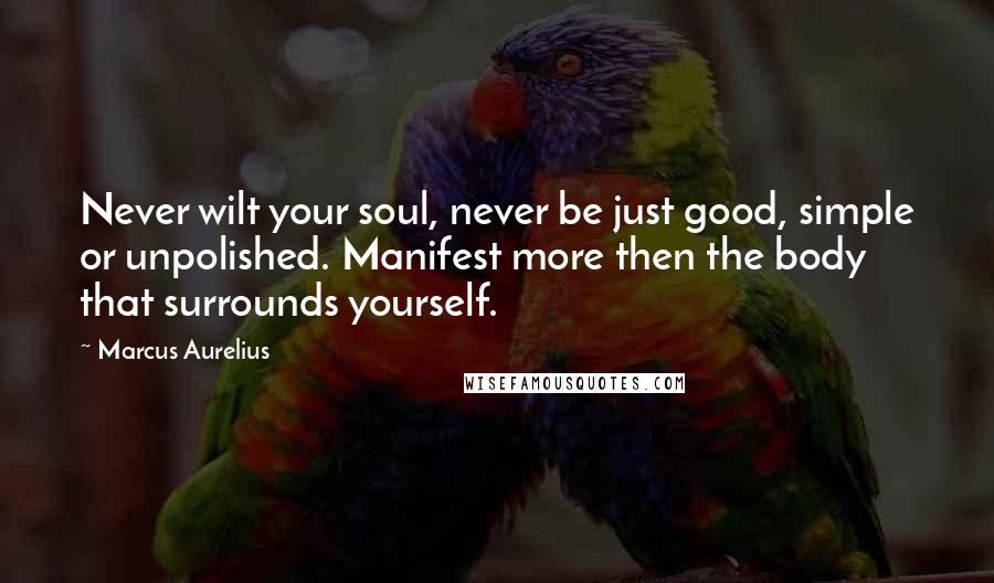 Marcus Aurelius Quotes: Never wilt your soul, never be just good, simple or unpolished. Manifest more then the body that surrounds yourself.