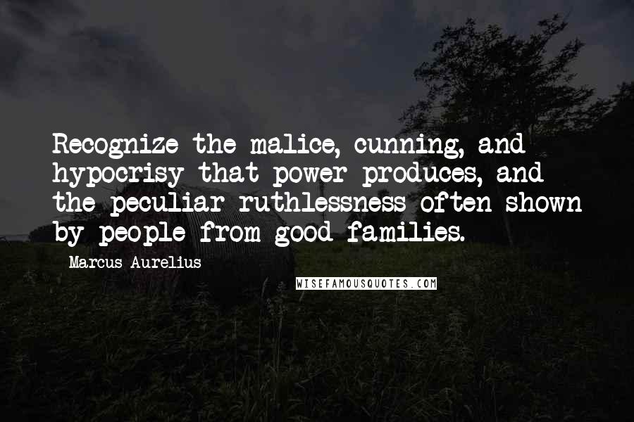Marcus Aurelius Quotes: Recognize the malice, cunning, and hypocrisy that power produces, and the peculiar ruthlessness often shown by people from good families.