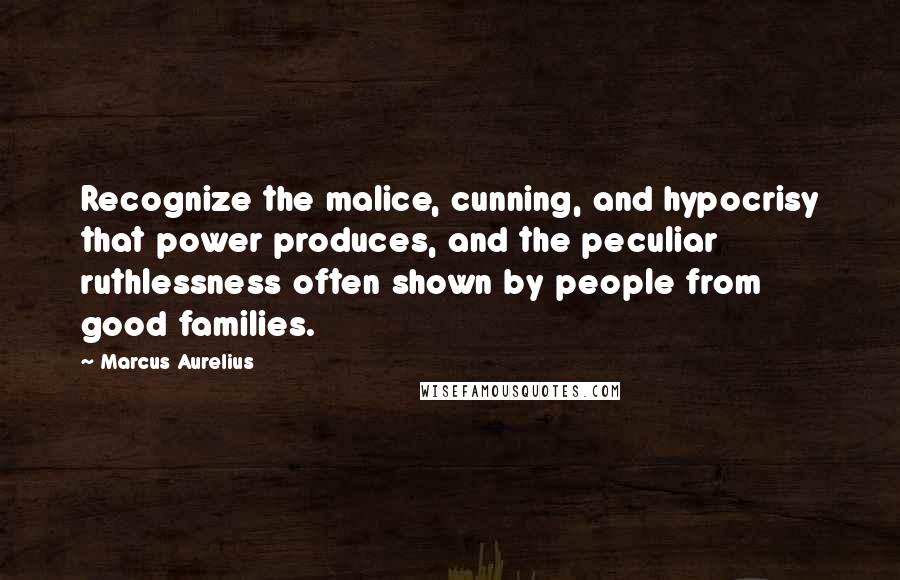 Marcus Aurelius Quotes: Recognize the malice, cunning, and hypocrisy that power produces, and the peculiar ruthlessness often shown by people from good families.