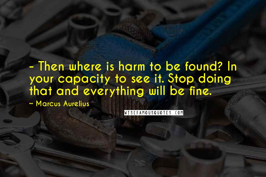 Marcus Aurelius Quotes:  - Then where is harm to be found? In your capacity to see it. Stop doing that and everything will be fine.