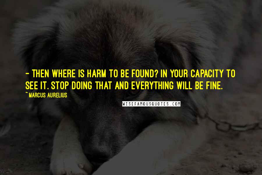 Marcus Aurelius Quotes:  - Then where is harm to be found? In your capacity to see it. Stop doing that and everything will be fine.