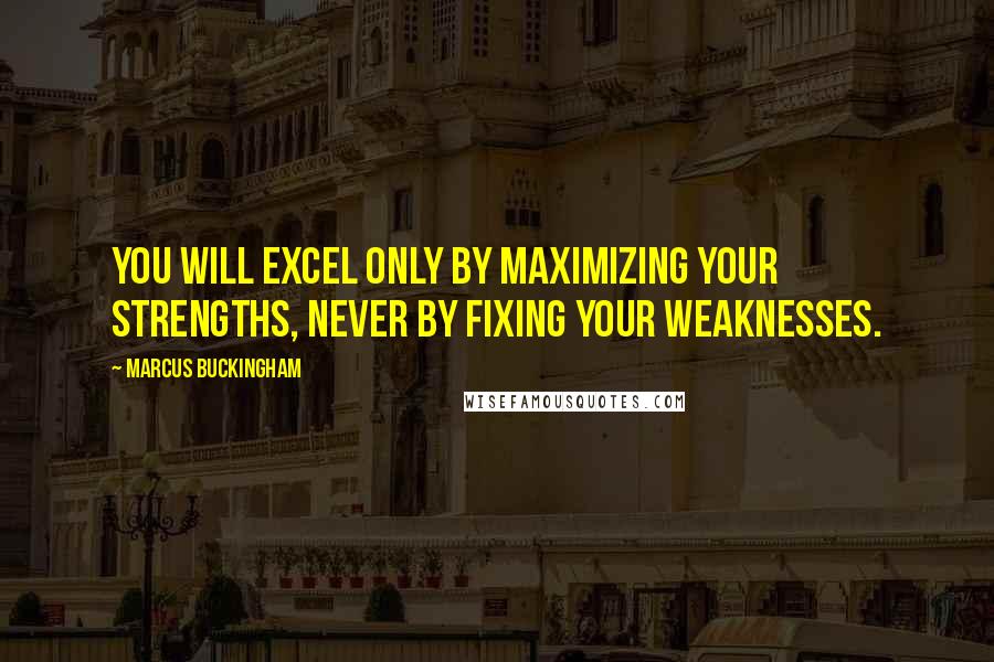 Marcus Buckingham Quotes: You will excel only by maximizing your strengths, never by fixing your weaknesses.