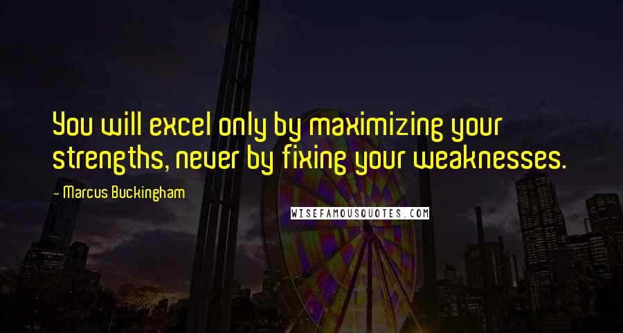 Marcus Buckingham Quotes: You will excel only by maximizing your strengths, never by fixing your weaknesses.