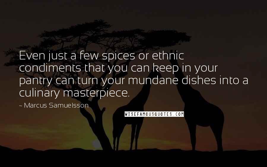 Marcus Samuelsson Quotes: Even just a few spices or ethnic condiments that you can keep in your pantry can turn your mundane dishes into a culinary masterpiece.