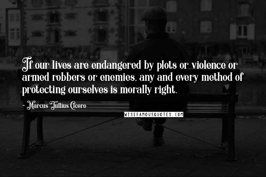 Marcus Tullius Cicero Quotes: If our lives are endangered by plots or violence or armed robbers or enemies, any and every method of protecting ourselves is morally right.