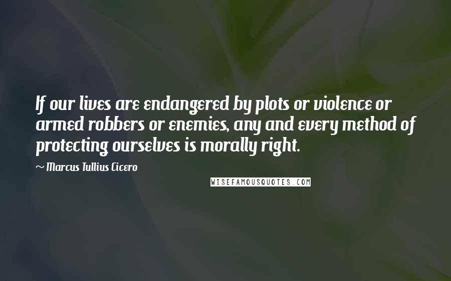 Marcus Tullius Cicero Quotes: If our lives are endangered by plots or violence or armed robbers or enemies, any and every method of protecting ourselves is morally right.