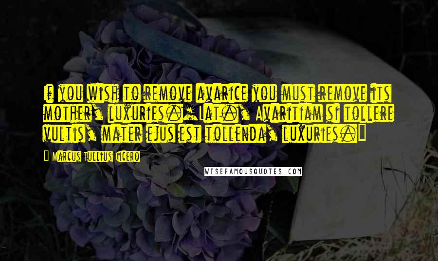 Marcus Tullius Cicero Quotes: If you wish to remove avarice you must remove its mother, luxuries.[Lat., Avaritiam si tollere vultis, mater ejus est tollenda, luxuries.]