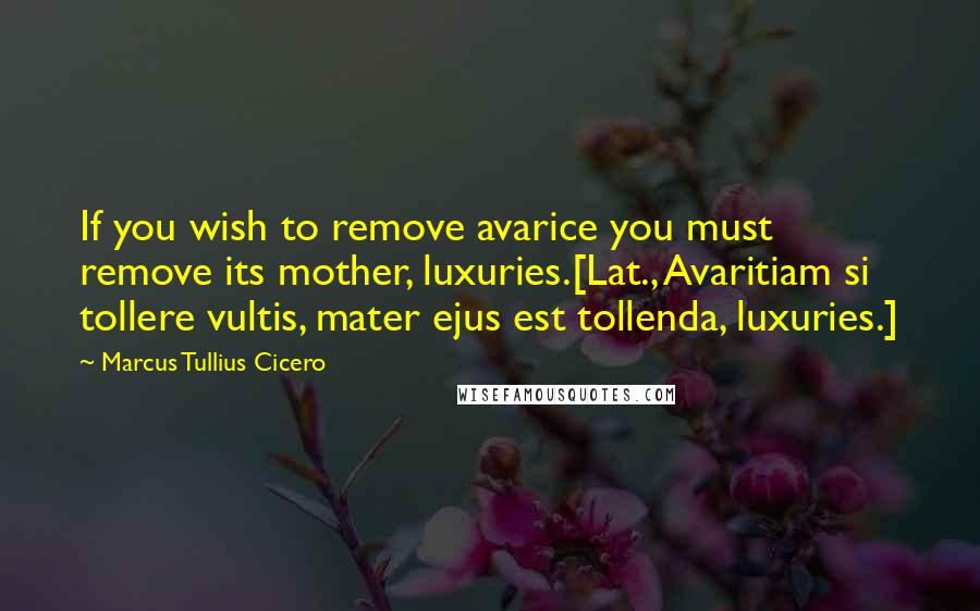 Marcus Tullius Cicero Quotes: If you wish to remove avarice you must remove its mother, luxuries.[Lat., Avaritiam si tollere vultis, mater ejus est tollenda, luxuries.]