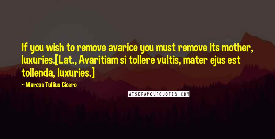 Marcus Tullius Cicero Quotes: If you wish to remove avarice you must remove its mother, luxuries.[Lat., Avaritiam si tollere vultis, mater ejus est tollenda, luxuries.]