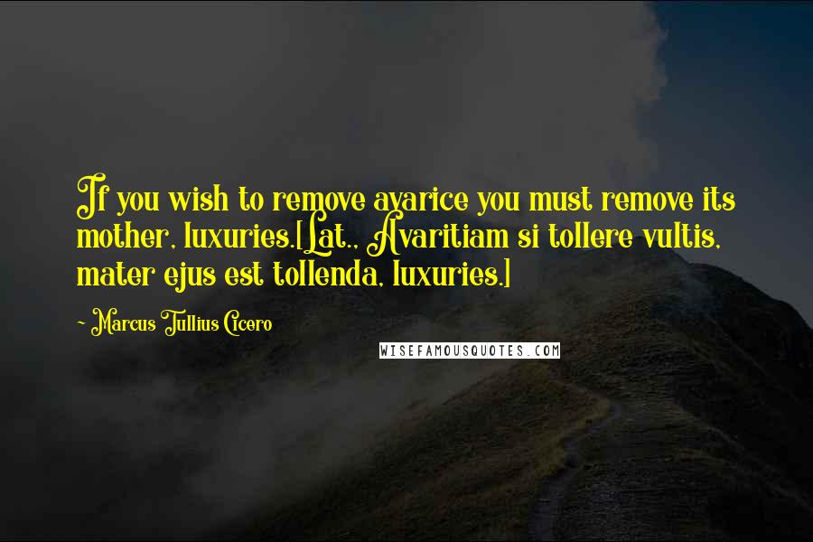 Marcus Tullius Cicero Quotes: If you wish to remove avarice you must remove its mother, luxuries.[Lat., Avaritiam si tollere vultis, mater ejus est tollenda, luxuries.]