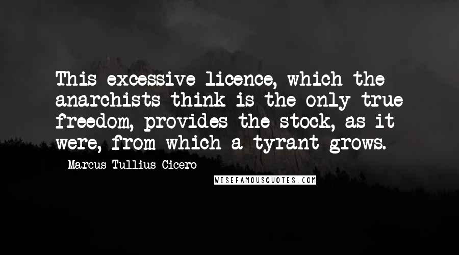 Marcus Tullius Cicero Quotes: This excessive licence, which the anarchists think is the only true freedom, provides the stock, as it were, from which a tyrant grows.