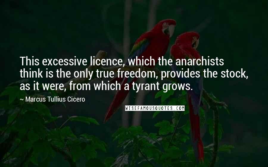 Marcus Tullius Cicero Quotes: This excessive licence, which the anarchists think is the only true freedom, provides the stock, as it were, from which a tyrant grows.