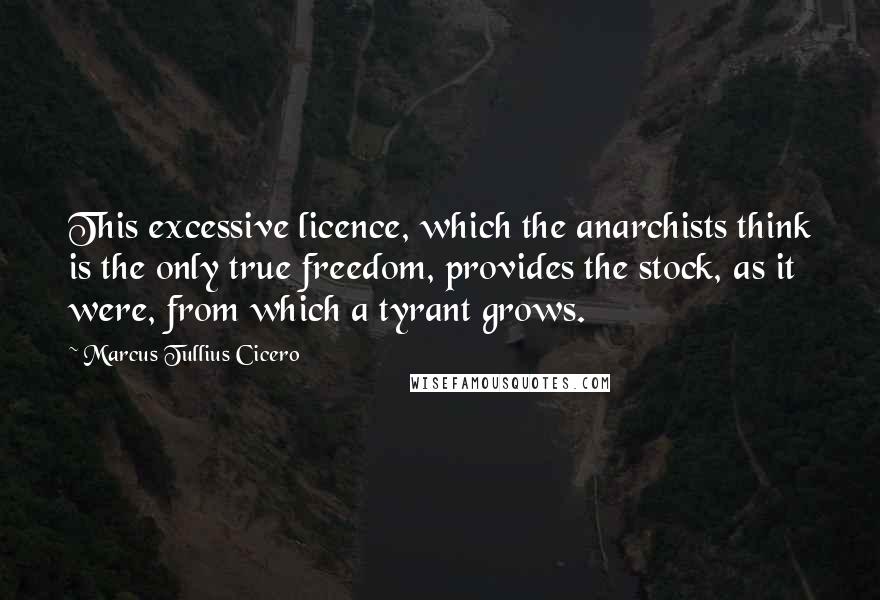 Marcus Tullius Cicero Quotes: This excessive licence, which the anarchists think is the only true freedom, provides the stock, as it were, from which a tyrant grows.