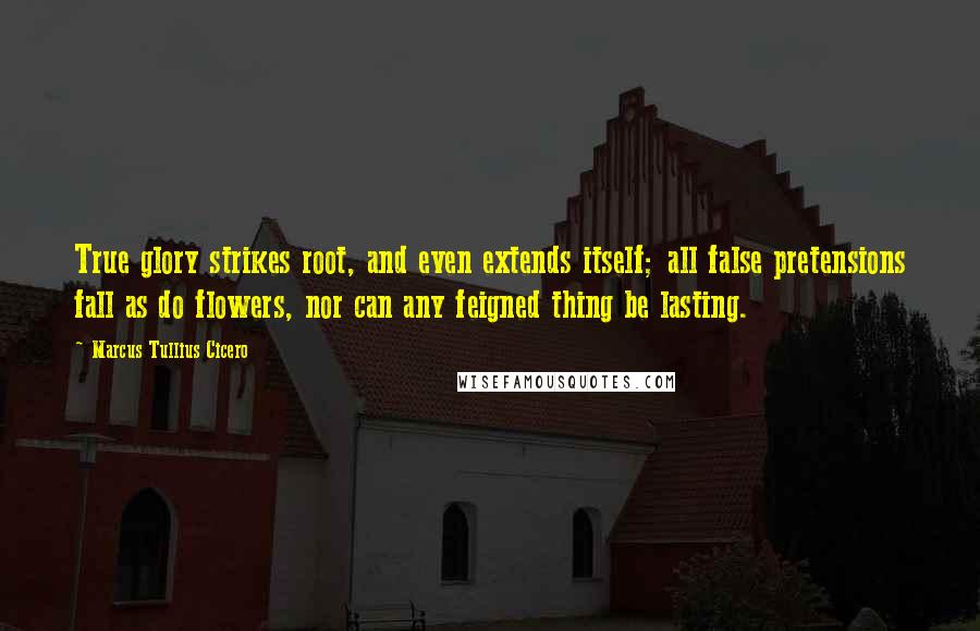 Marcus Tullius Cicero Quotes: True glory strikes root, and even extends itself; all false pretensions fall as do flowers, nor can any feigned thing be lasting.