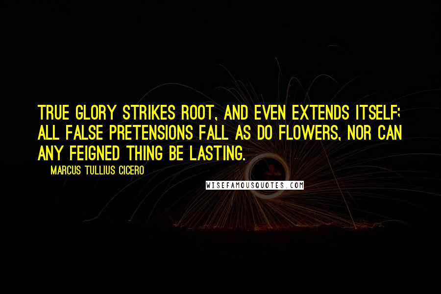 Marcus Tullius Cicero Quotes: True glory strikes root, and even extends itself; all false pretensions fall as do flowers, nor can any feigned thing be lasting.