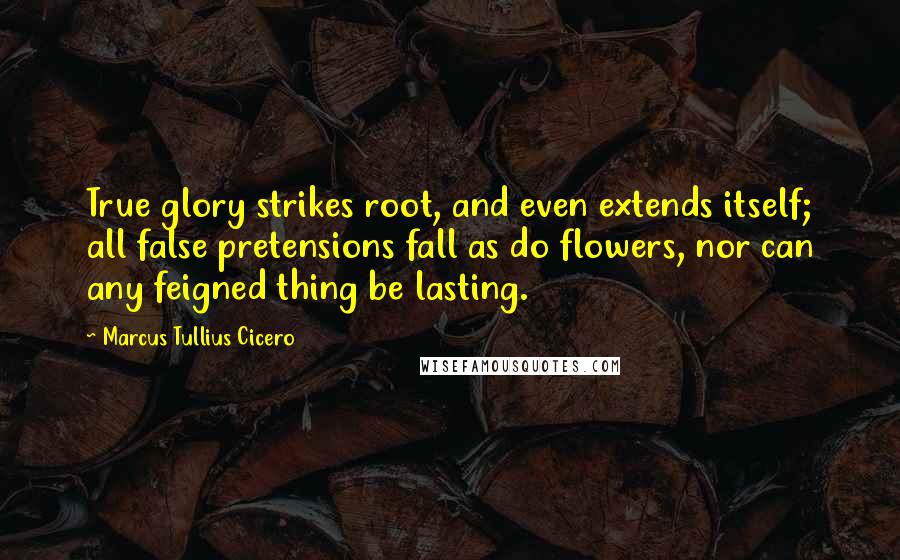Marcus Tullius Cicero Quotes: True glory strikes root, and even extends itself; all false pretensions fall as do flowers, nor can any feigned thing be lasting.
