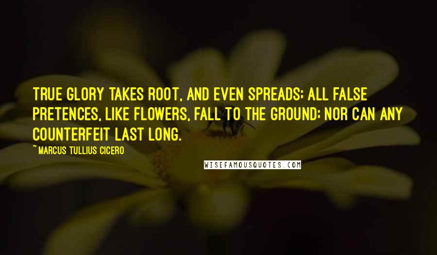 Marcus Tullius Cicero Quotes: True glory takes root, and even spreads; all false pretences, like flowers, fall to the ground; nor can any counterfeit last long.
