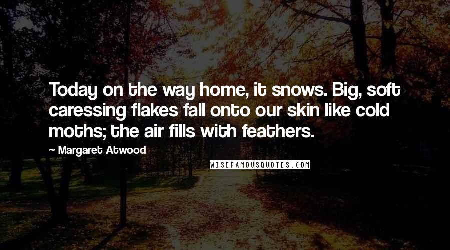 Margaret Atwood Quotes: Today on the way home, it snows. Big, soft caressing flakes fall onto our skin like cold moths; the air fills with feathers.
