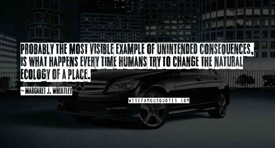 Margaret J. Wheatley Quotes: Probably the most visible example of unintended consequences, is what happens every time humans try to change the natural ecology of a place.
