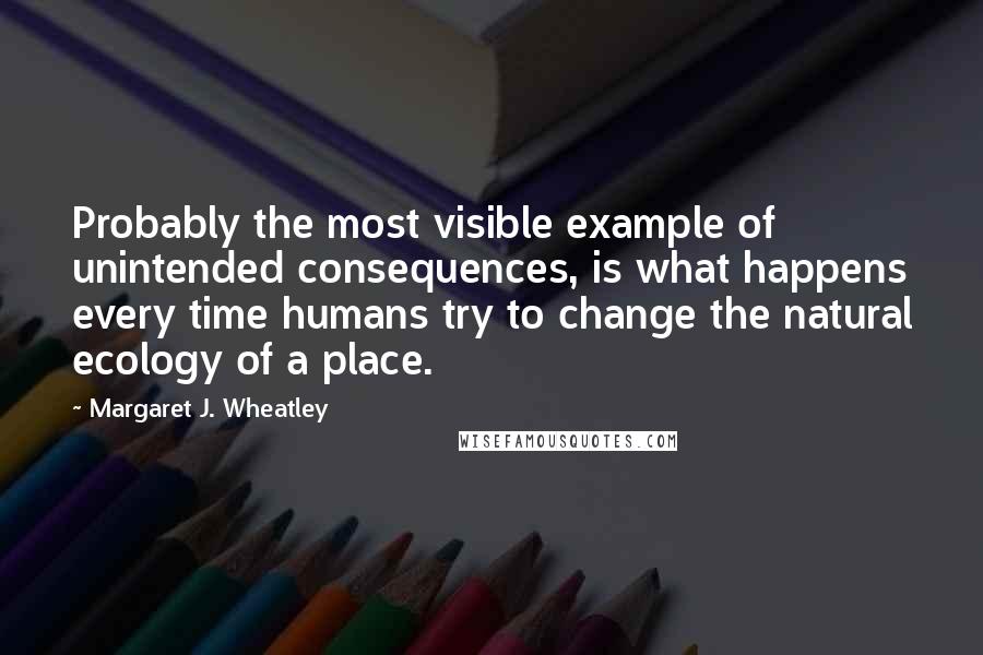 Margaret J. Wheatley Quotes: Probably the most visible example of unintended consequences, is what happens every time humans try to change the natural ecology of a place.