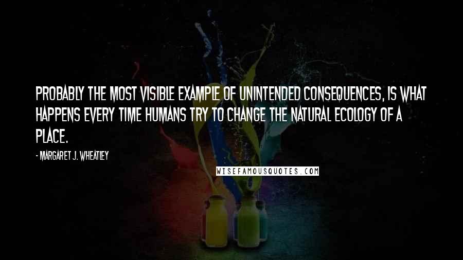 Margaret J. Wheatley Quotes: Probably the most visible example of unintended consequences, is what happens every time humans try to change the natural ecology of a place.