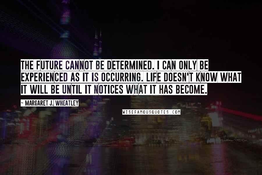 Margaret J. Wheatley Quotes: The future cannot be determined. I can only be experienced as it is occurring. Life doesn't know what it will be until it notices what it has become.