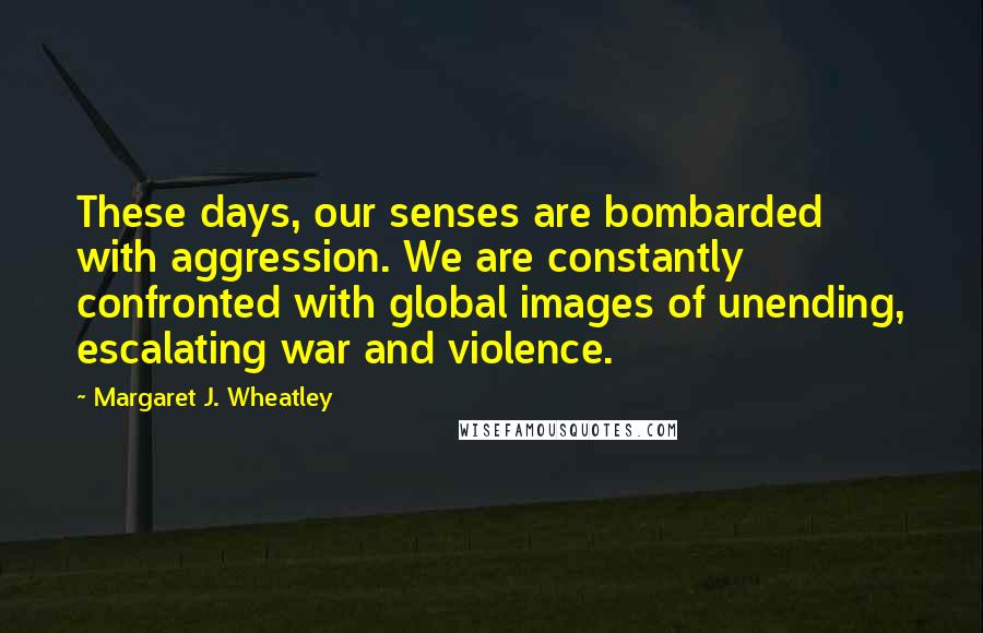 Margaret J. Wheatley Quotes: These days, our senses are bombarded with aggression. We are constantly confronted with global images of unending, escalating war and violence.