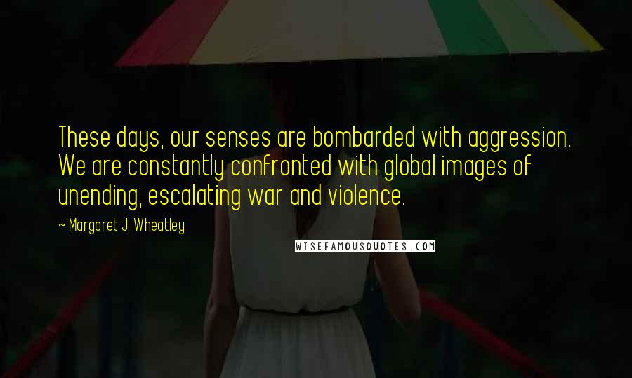 Margaret J. Wheatley Quotes: These days, our senses are bombarded with aggression. We are constantly confronted with global images of unending, escalating war and violence.