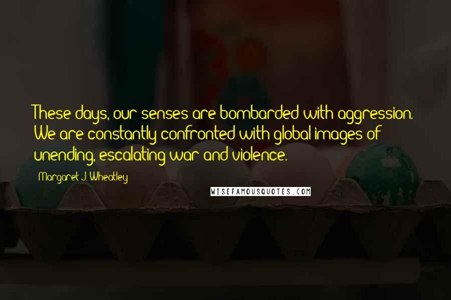 Margaret J. Wheatley Quotes: These days, our senses are bombarded with aggression. We are constantly confronted with global images of unending, escalating war and violence.