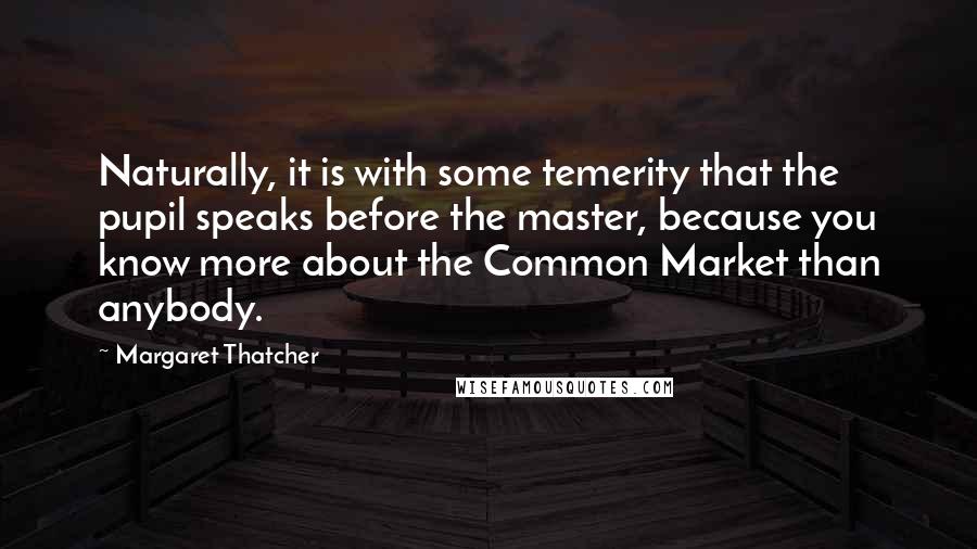 Margaret Thatcher Quotes: Naturally, it is with some temerity that the pupil speaks before the master, because you know more about the Common Market than anybody.