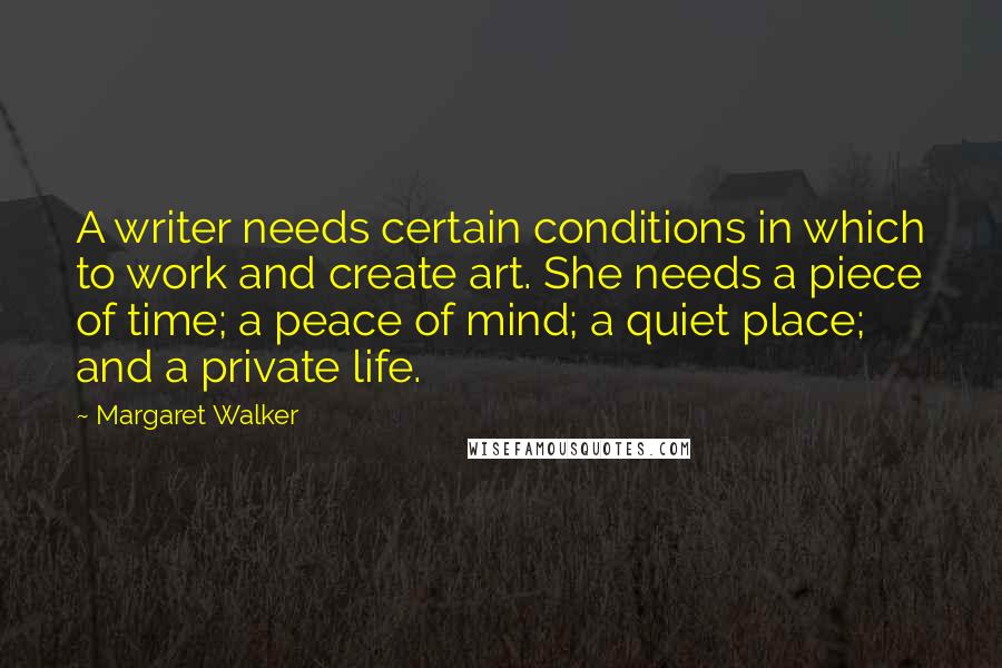 Margaret Walker Quotes: A writer needs certain conditions in which to work and create art. She needs a piece of time; a peace of mind; a quiet place; and a private life.