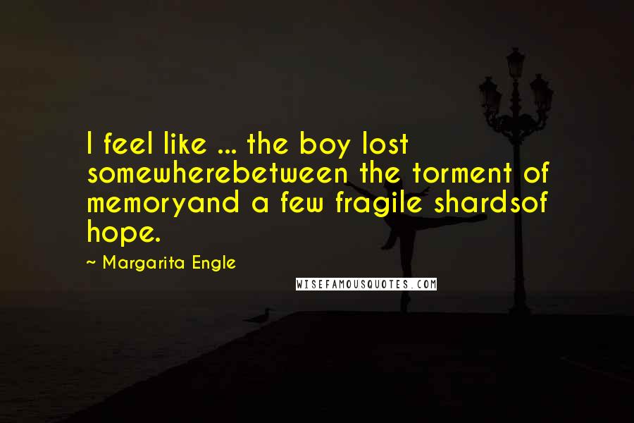 Margarita Engle Quotes: I feel like ... the boy lost somewherebetween the torment of memoryand a few fragile shardsof hope.