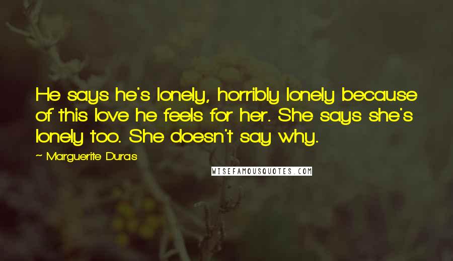 Marguerite Duras Quotes: He says he's lonely, horribly lonely because of this love he feels for her. She says she's lonely too. She doesn't say why.