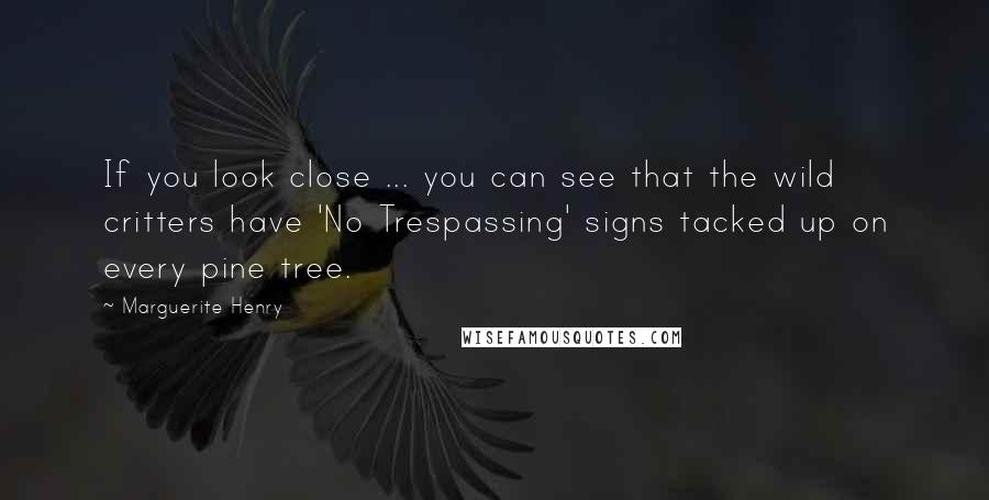 Marguerite Henry Quotes: If you look close ... you can see that the wild critters have 'No Trespassing' signs tacked up on every pine tree.