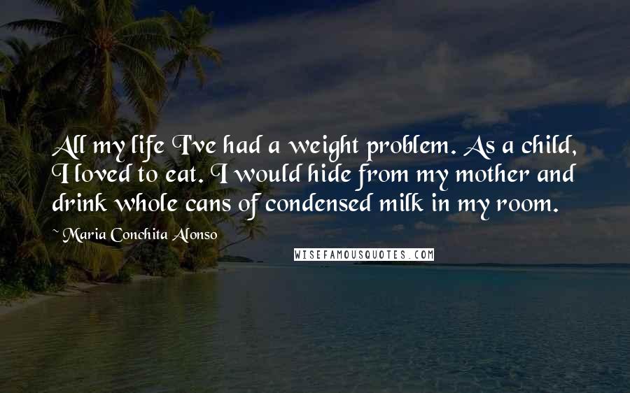 Maria Conchita Alonso Quotes: All my life I've had a weight problem. As a child, I loved to eat. I would hide from my mother and drink whole cans of condensed milk in my room.