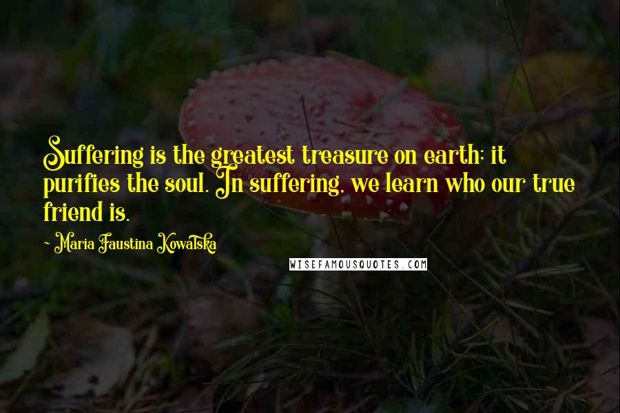 Maria Faustina Kowalska Quotes: Suffering is the greatest treasure on earth; it purifies the soul. In suffering, we learn who our true friend is.