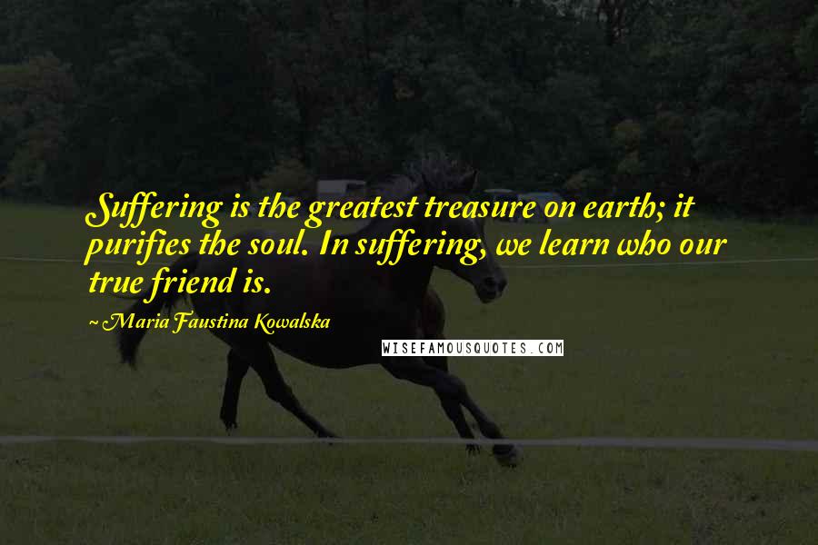 Maria Faustina Kowalska Quotes: Suffering is the greatest treasure on earth; it purifies the soul. In suffering, we learn who our true friend is.