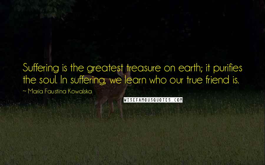 Maria Faustina Kowalska Quotes: Suffering is the greatest treasure on earth; it purifies the soul. In suffering, we learn who our true friend is.