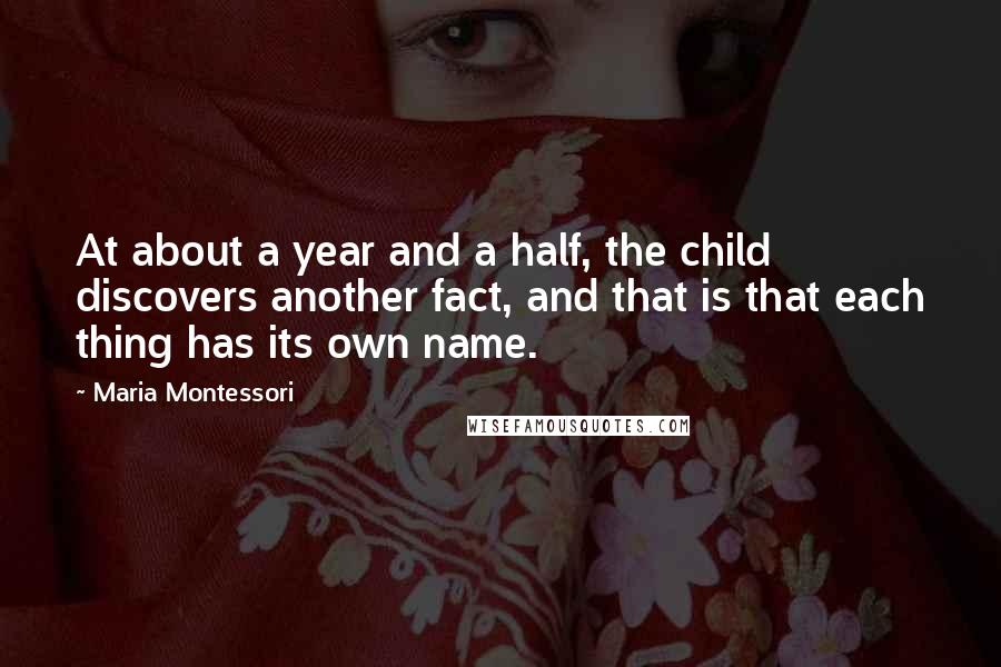 Maria Montessori Quotes: At about a year and a half, the child discovers another fact, and that is that each thing has its own name.