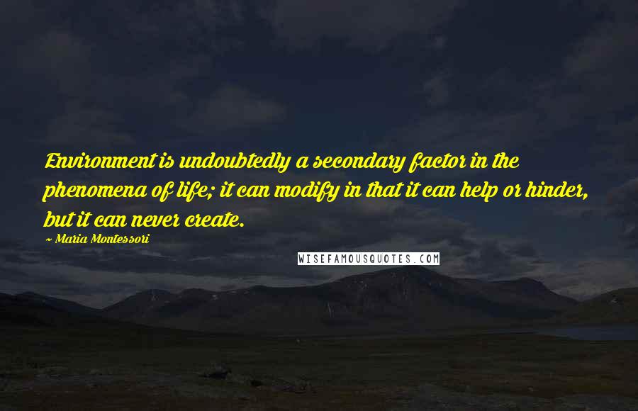 Maria Montessori Quotes: Environment is undoubtedly a secondary factor in the phenomena of life; it can modify in that it can help or hinder, but it can never create.