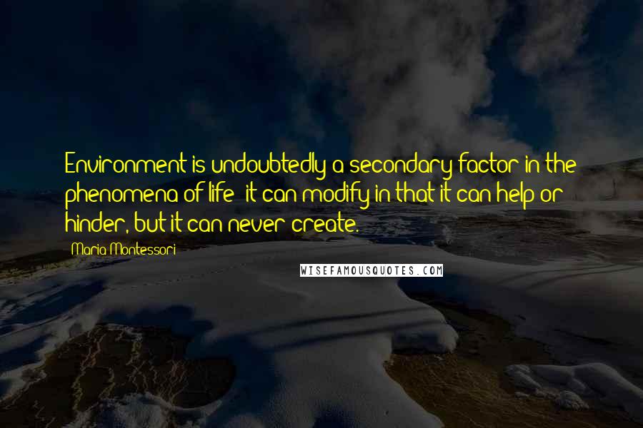 Maria Montessori Quotes: Environment is undoubtedly a secondary factor in the phenomena of life; it can modify in that it can help or hinder, but it can never create.