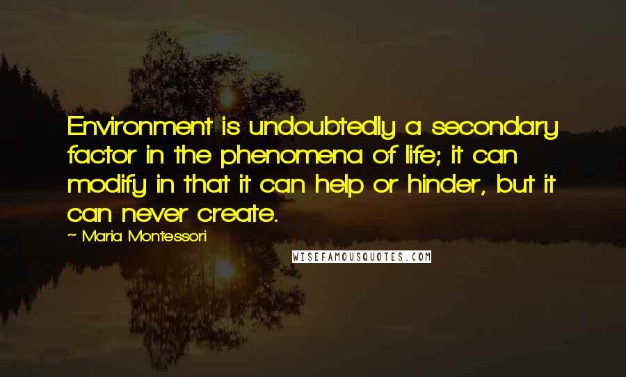 Maria Montessori Quotes: Environment is undoubtedly a secondary factor in the phenomena of life; it can modify in that it can help or hinder, but it can never create.