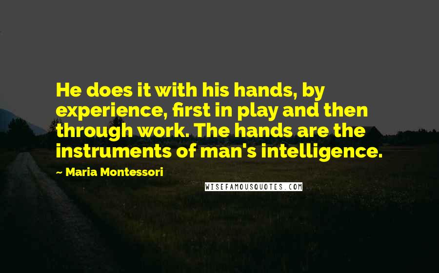 Maria Montessori Quotes: He does it with his hands, by experience, first in play and then through work. The hands are the instruments of man's intelligence.