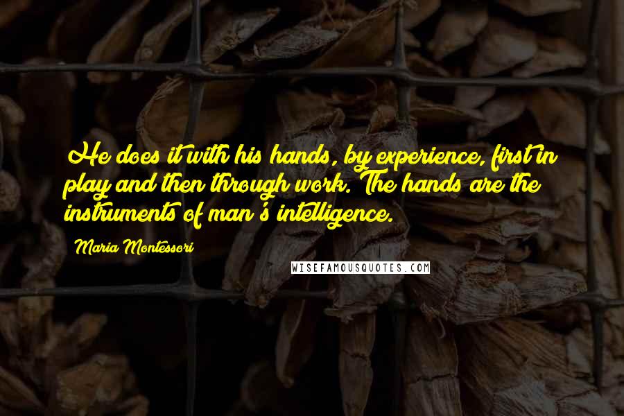 Maria Montessori Quotes: He does it with his hands, by experience, first in play and then through work. The hands are the instruments of man's intelligence.