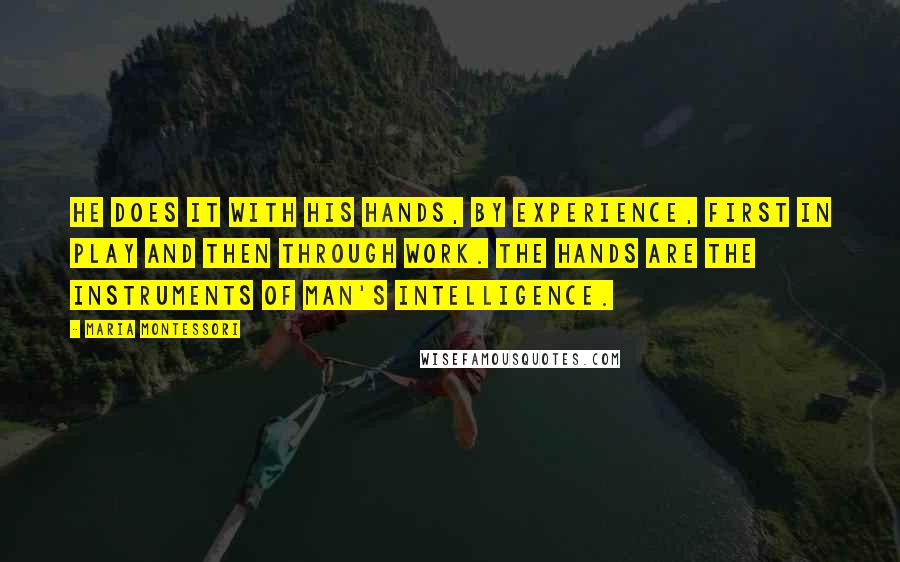 Maria Montessori Quotes: He does it with his hands, by experience, first in play and then through work. The hands are the instruments of man's intelligence.